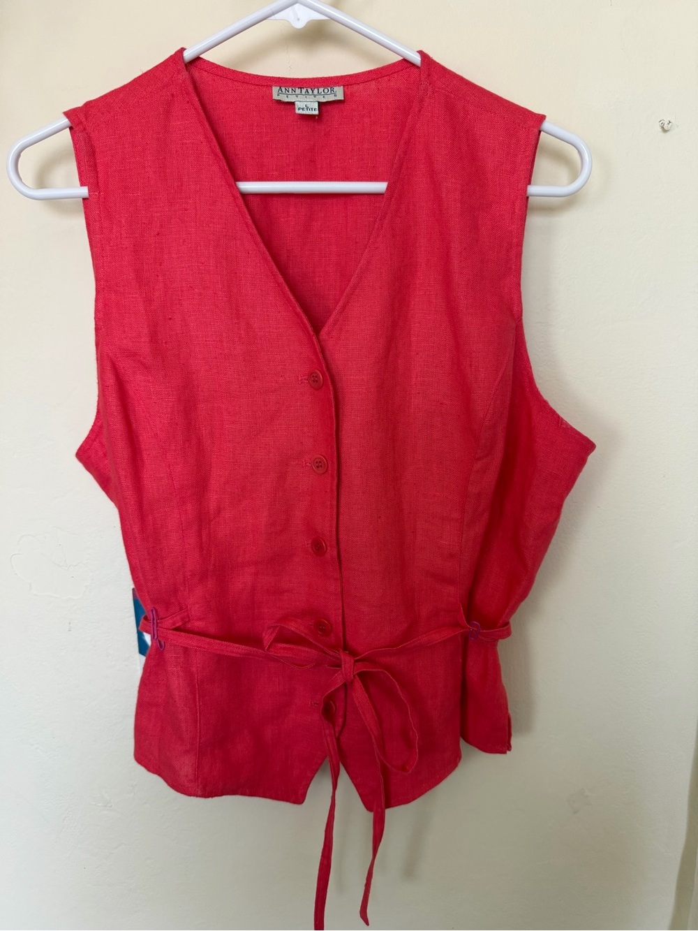 Vintage Ann Taylor Coral-Red Sleeveless V-Neck 100% Linen Vest